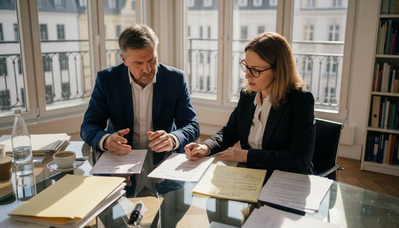 Ein Geschäftsführer und eine Rechtsberaterin prüfen gemeinsam einen Vertragsentwurf.