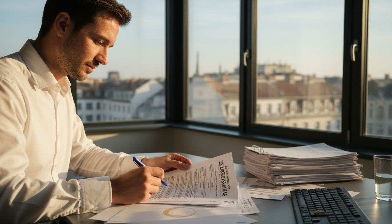 Ein Mann prüft in seinem Büro einen befristeten Arbeitsvertrag.