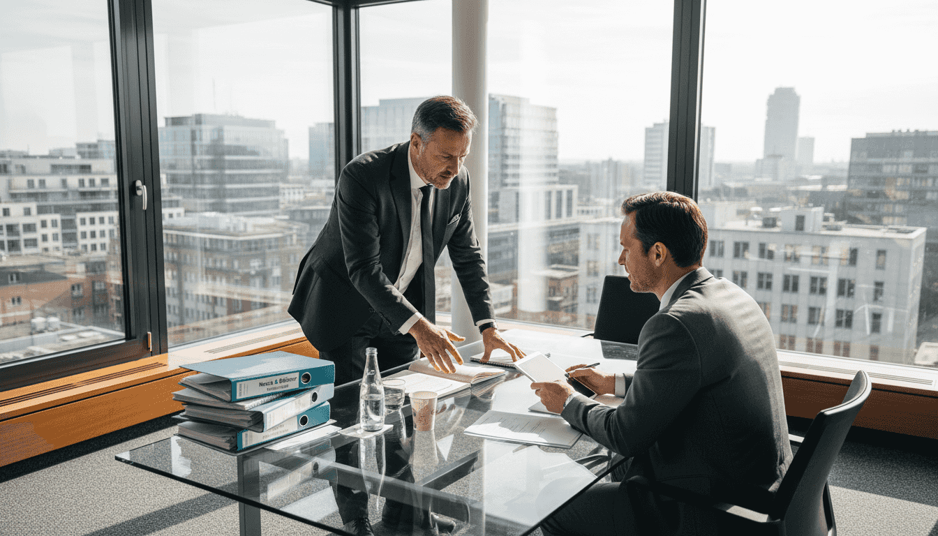 Rechtsanwalt berät Geschäftsführer von Zeitarbeitsunternehmen im Büro