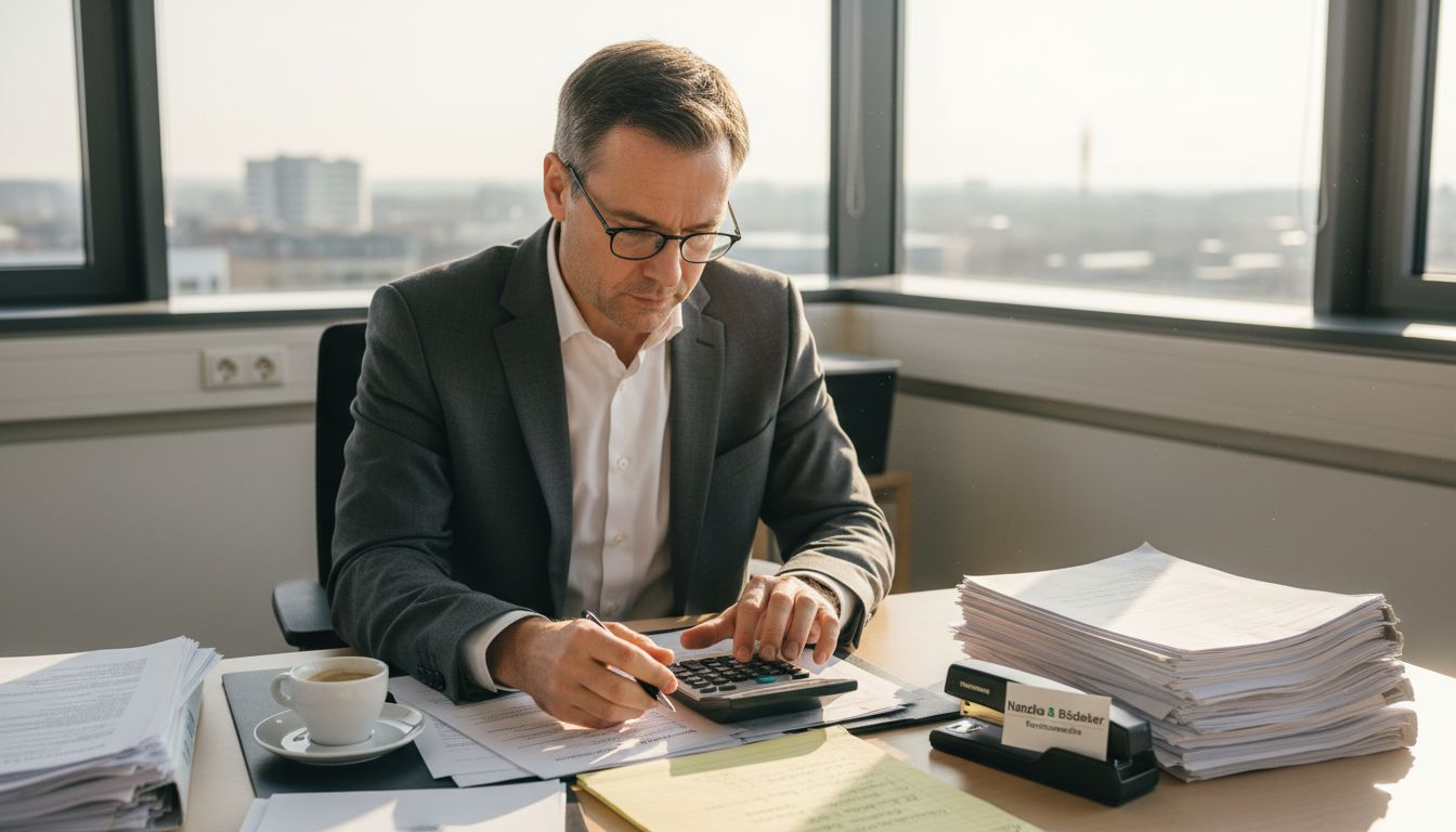 Ein Manager sitzt am Schreibtisch und prüft sorgfältig die Arbeitsverträge seiner Mitarbeiter.