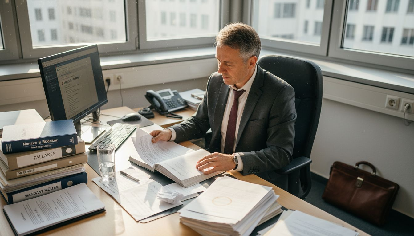 Ein Fachanwalt für Arbeitsrecht nimmt einen Zeitarbeitsvertrag am Schreibtisch genau unter die Lupe.