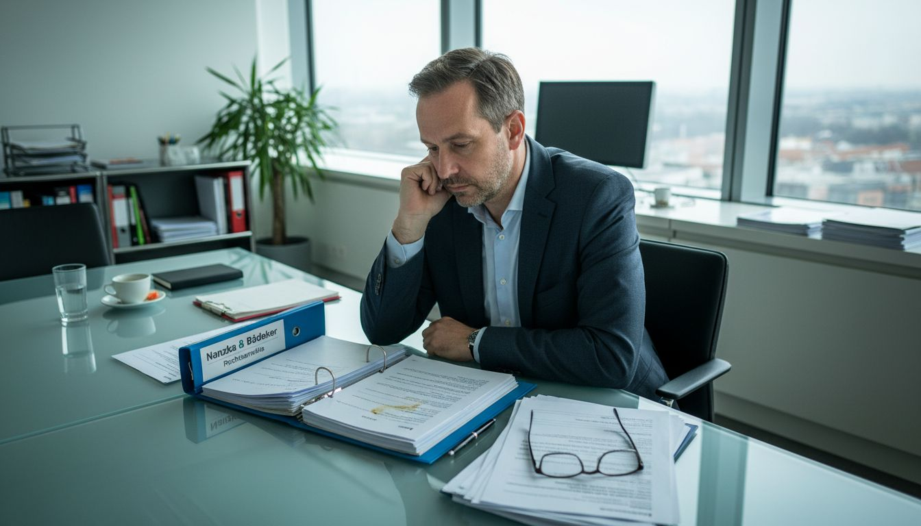 Der Geschäftsführer nimmt am Schreibtisch im Büro Verträge genau unter die Lupe.