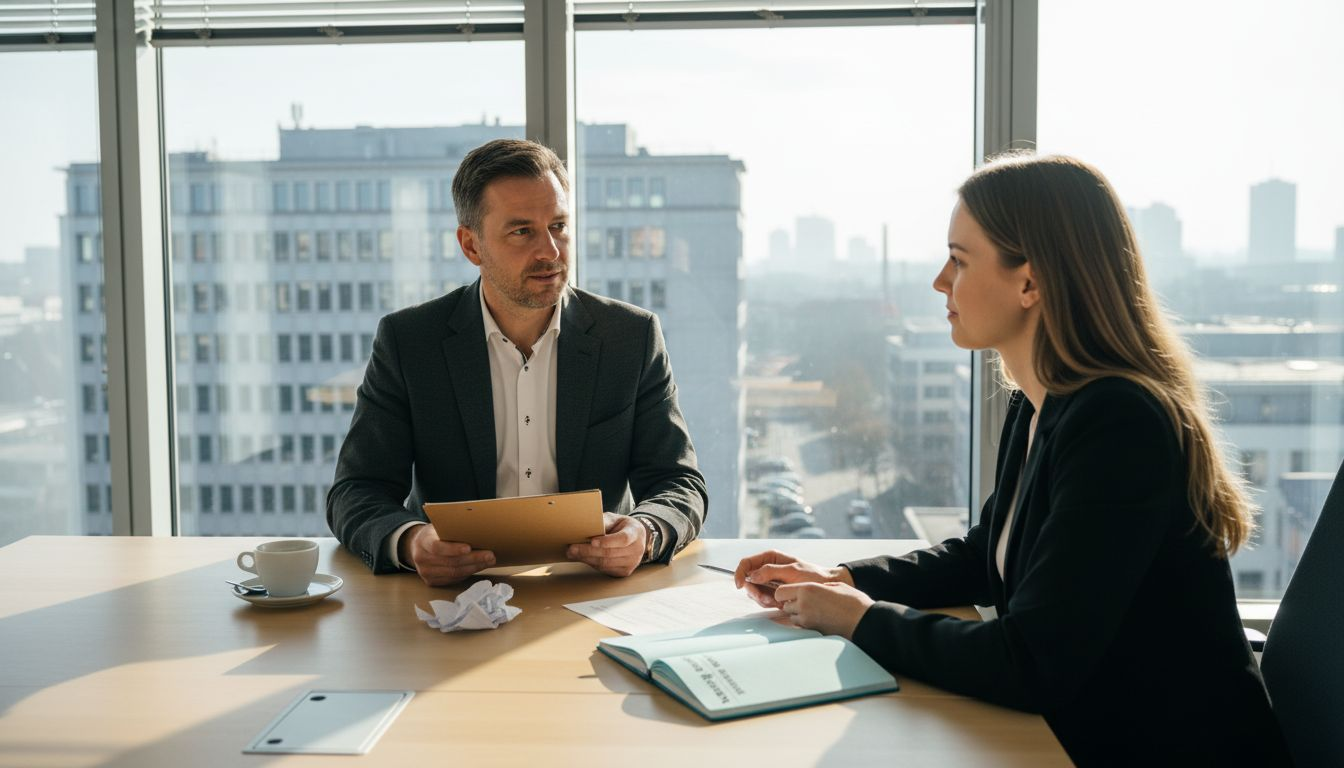Der Personalmanager nimmt die Bewerbungsunterlagen während der Besprechung genau unter die Lupe.