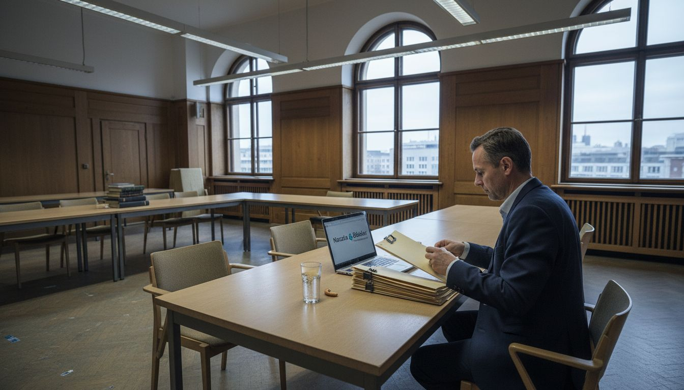 Eine Personalmanagerin sortiert Unterlagen im Gerichtssaal und sorgt für Ordnung in der Dokumentation.