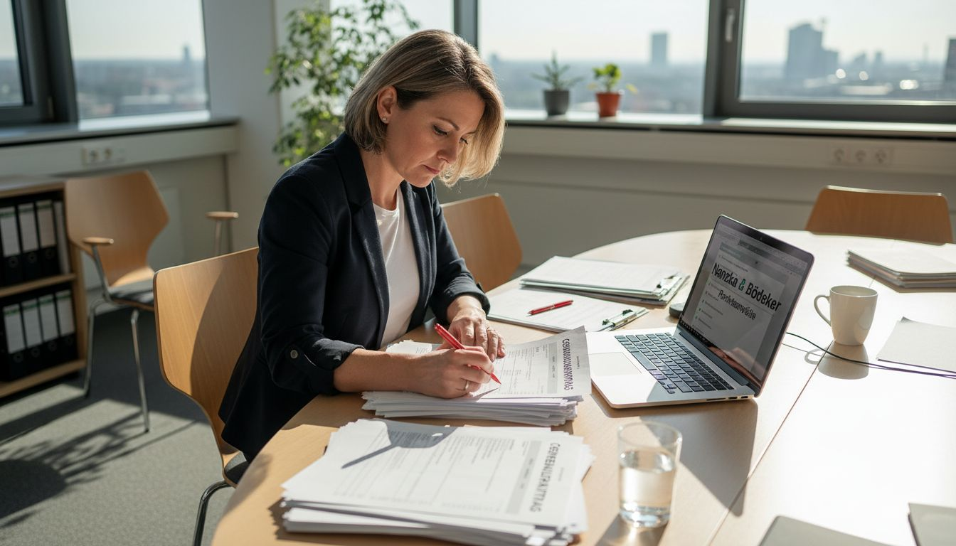 Eine Personalmanagerin prüft im Büro die Einhaltung gesetzlicher Vorgaben und kontrolliert wichtige Unterlagen.