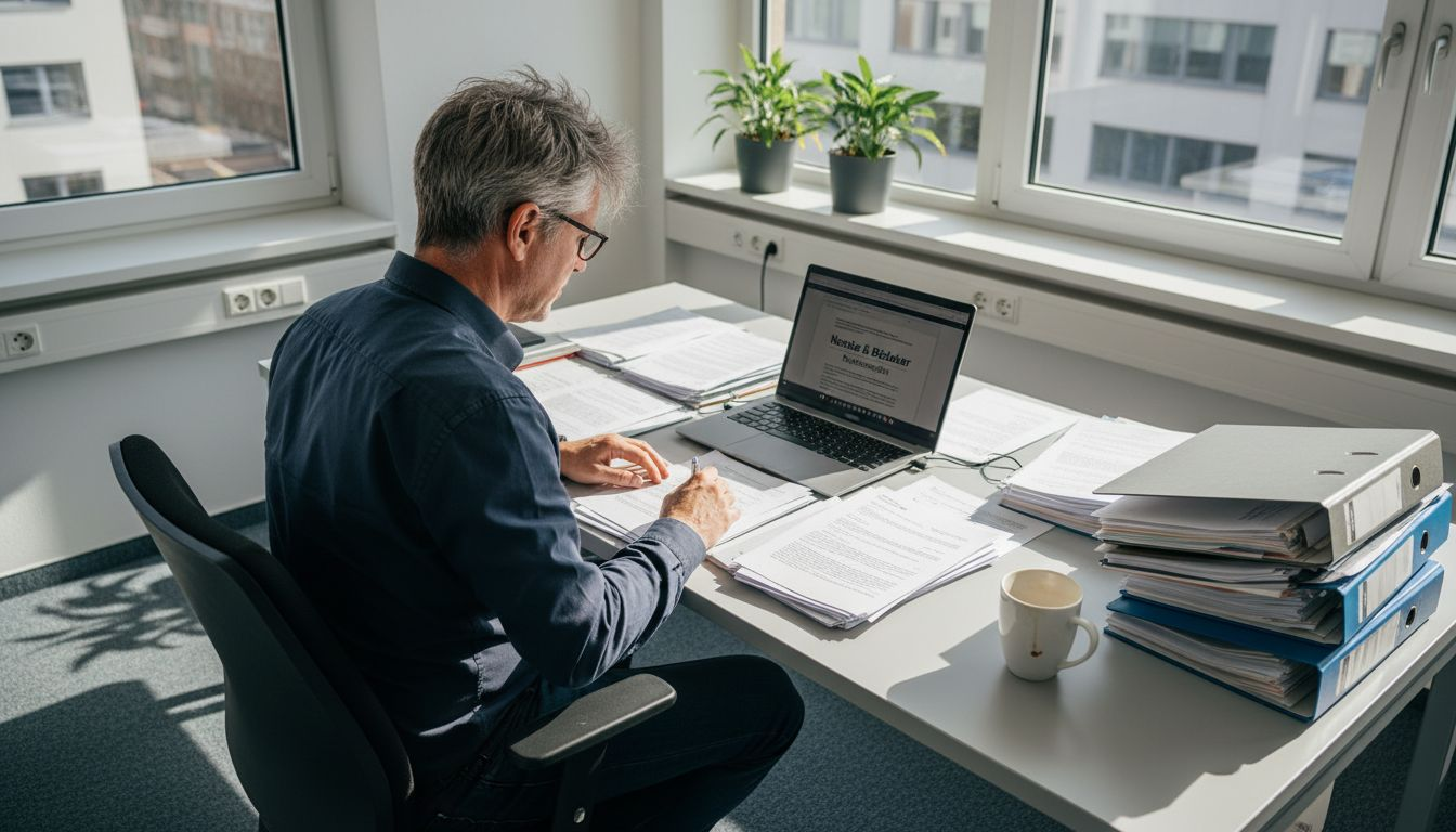 Ein Manager sichtet im Büro die Unterlagen der Zeitarbeitskräfte.
