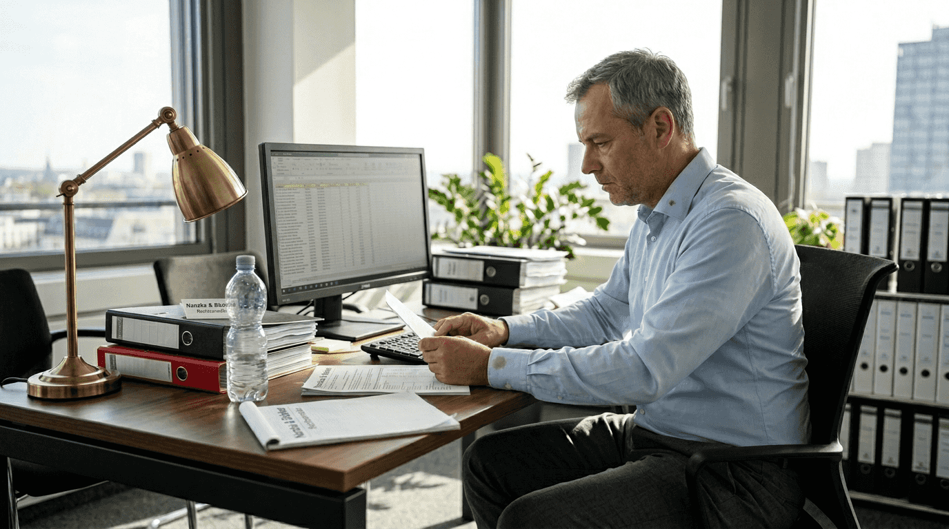 Im Eckbüro sitzt der HR-Manager und prüft sorgfältig die Zahlen in einer Excel-Tabelle.