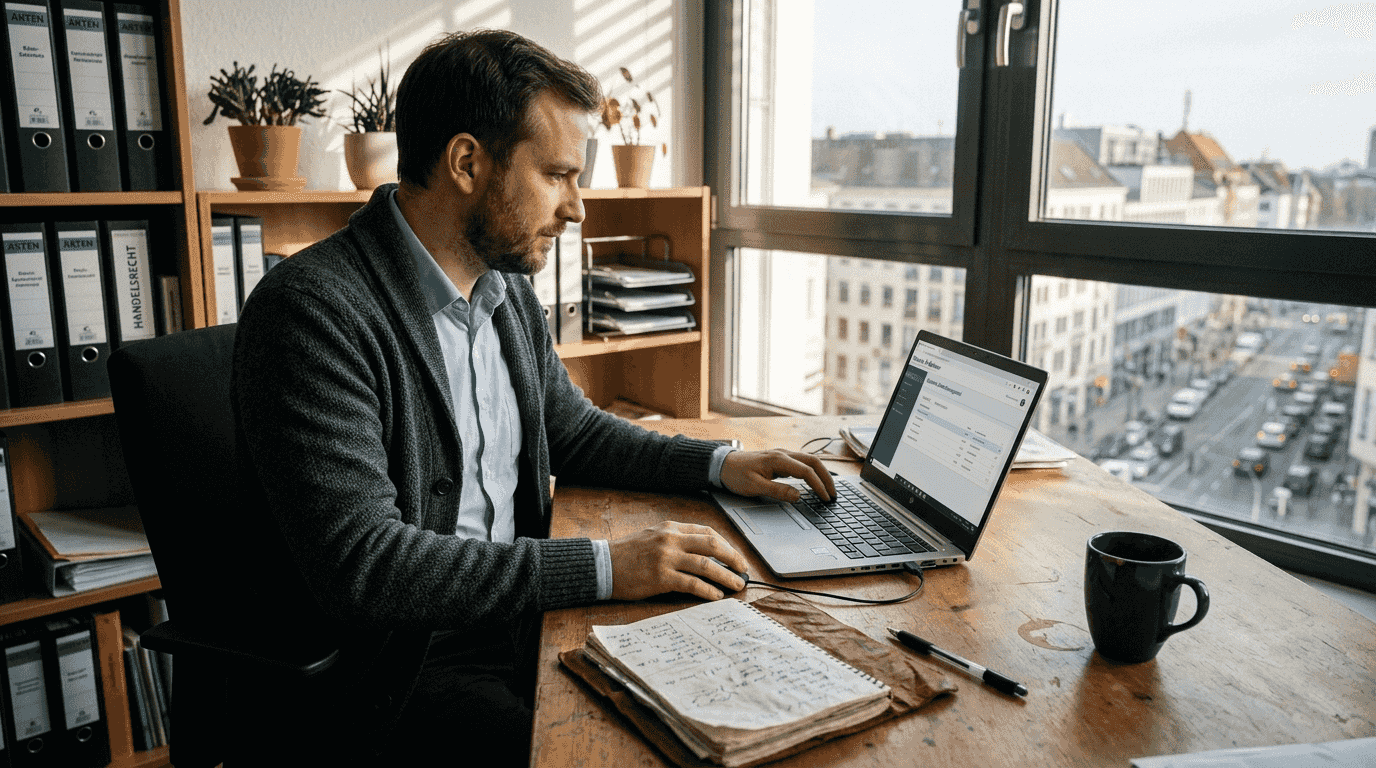 Ein Mann überprüft am Schreibtisch seine digitale Zeiterfassung.