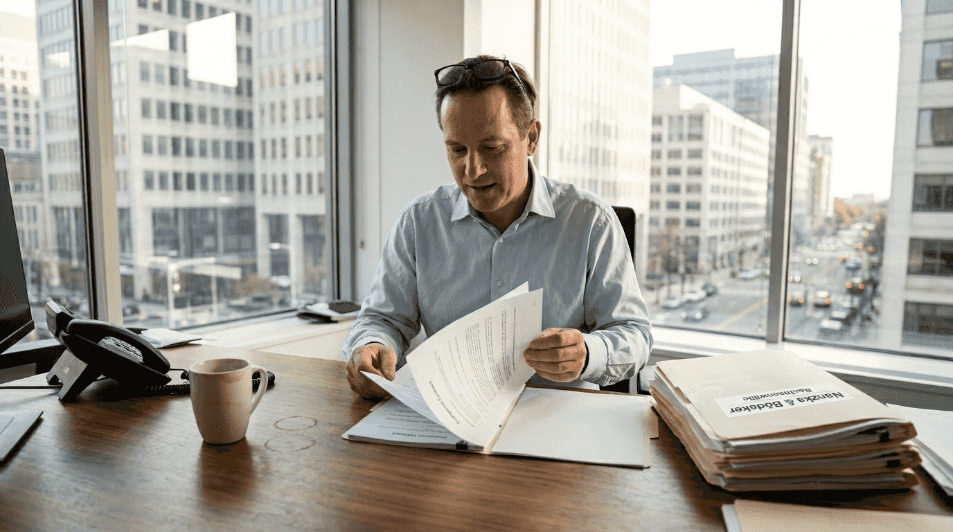 Die Personalchefin sitzt in ihrem Büro mit Blick auf die Stadt und prüft aufmerksam einen neuen Arbeitsvertrag.