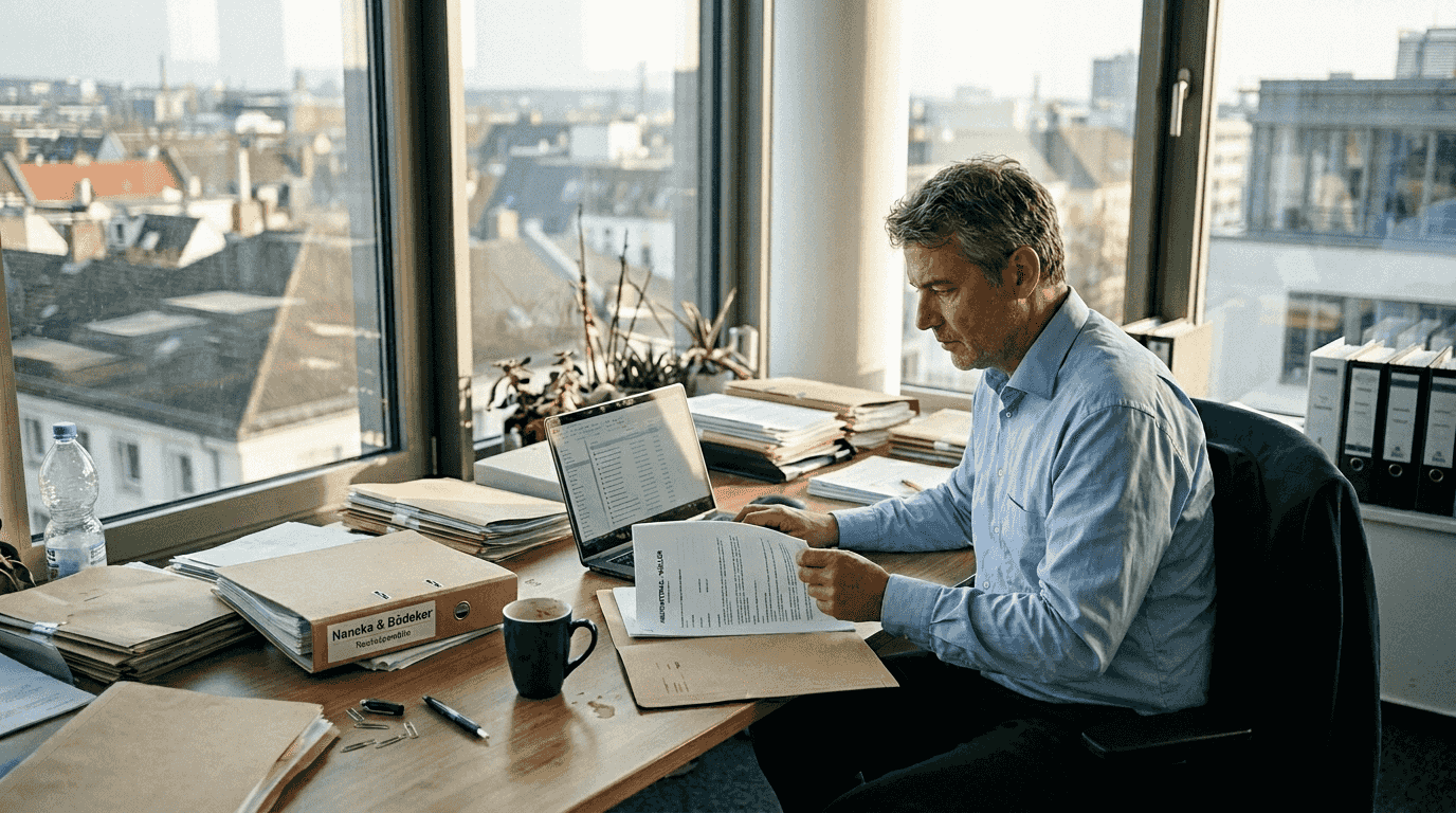 Im Chefbüro geht der Personalchef gerade die Arbeitsverträge durch.