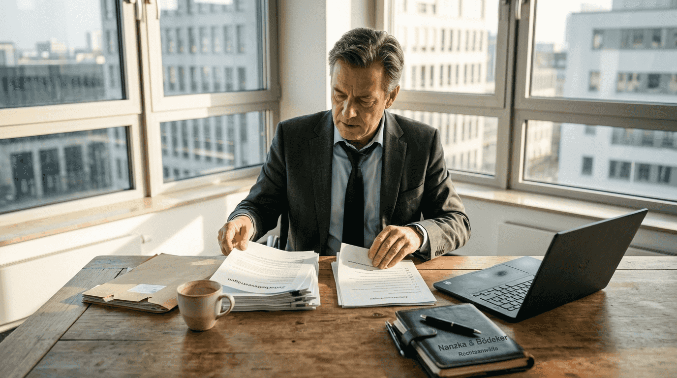 Der Geschäftsführer nimmt am Schreibtisch die Zeitarbeitsverträge genau unter die Lupe.