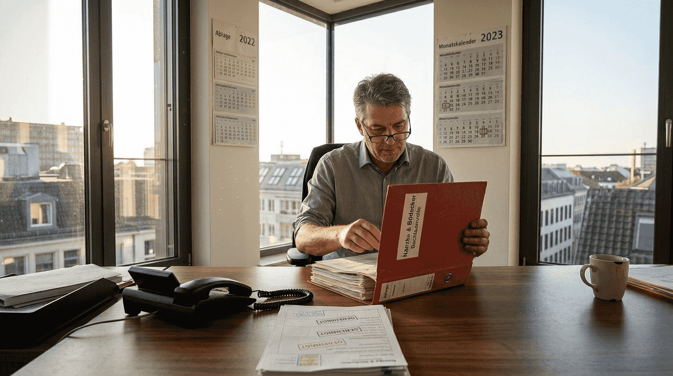 Eine Personalmanagerin prüft am Schreibtisch die Einhaltung wichtiger Vorschriften.