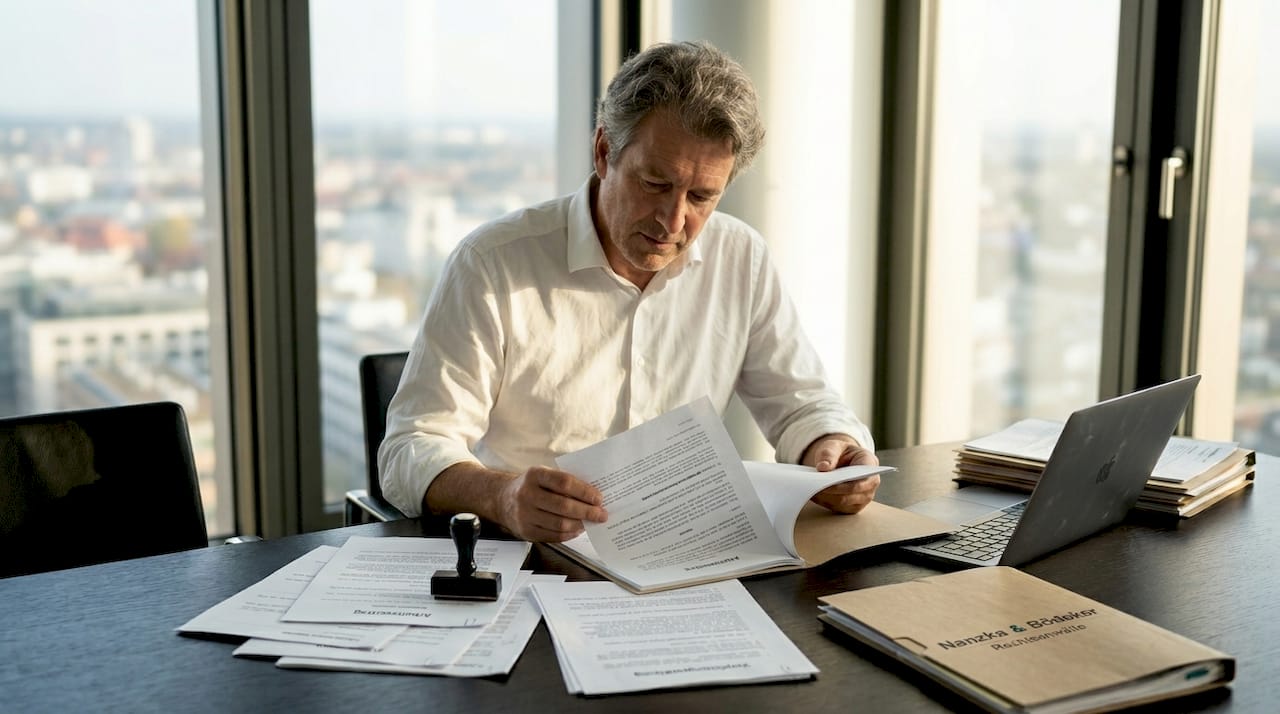 Der Personalleiter prüft im Büro die Arbeitsverträge auf Vollständigkeit und Richtigkeit.