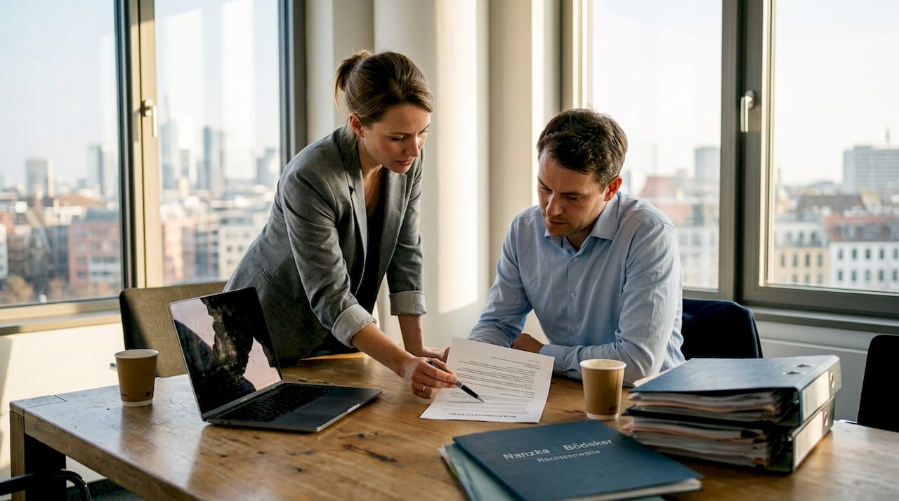 In einem lichtdurchfluteten Büro sitzen zwei Kollegen zusammen und gehen gemeinsam einen Vertrag durch.