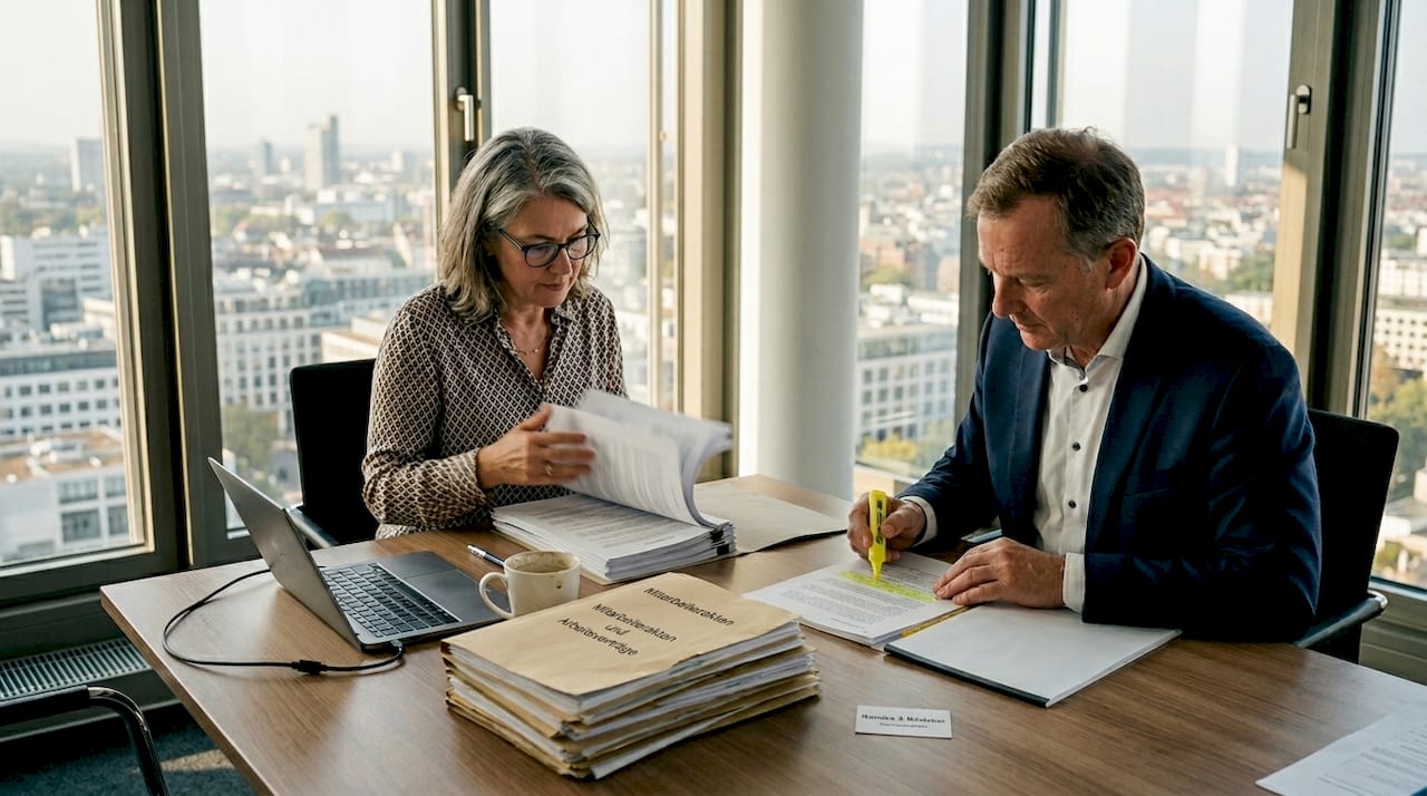 Personalverantwortliche und Jurist besprechen gemeinsam Vertragsunterlagen.