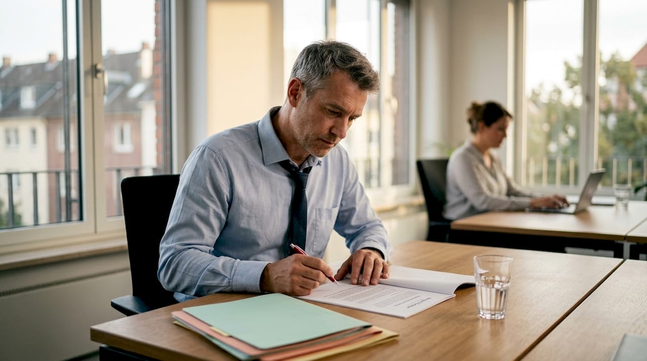 Eine Personalleiterin prüft einen Arbeitsvertrag im offenen Büro.