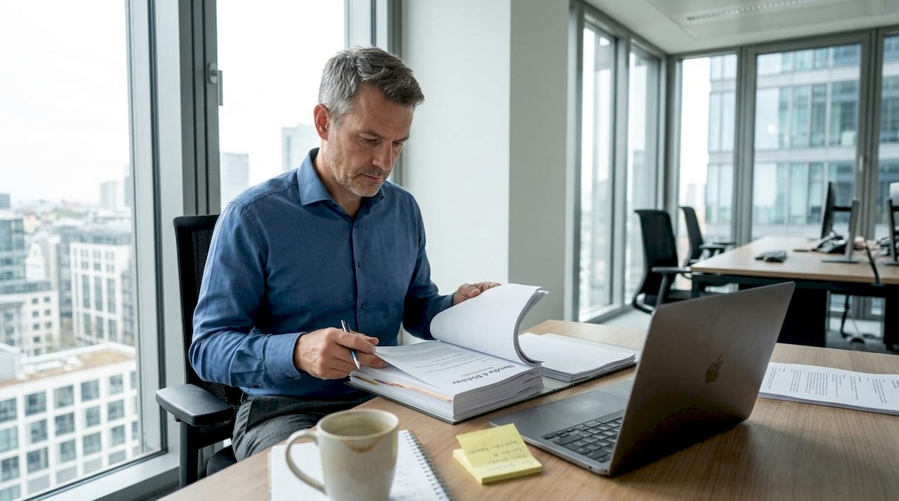 Ein Personaler sitzt am Schreibtisch und überprüft Unterlagen zum Arbeitsschutz.