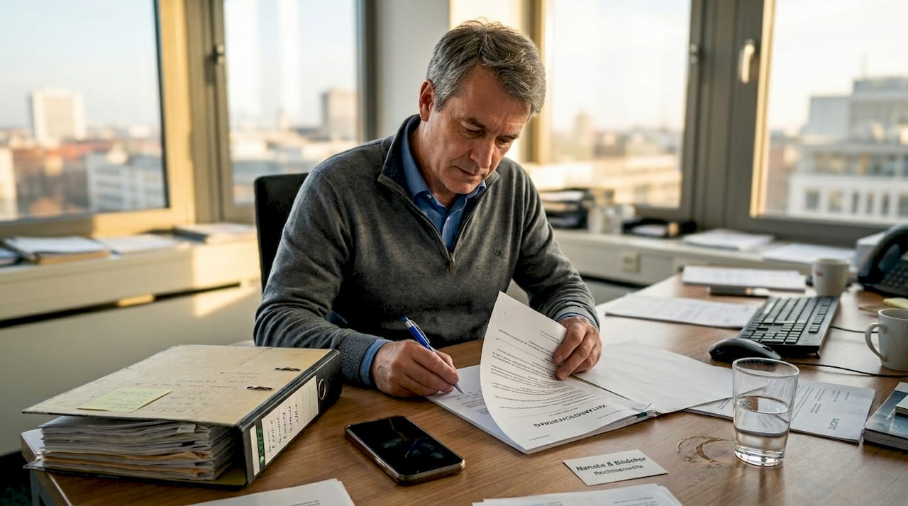 Ein Mitarbeiter im Büro nimmt einen Zeitarbeitsvertrag genau unter die Lupe.