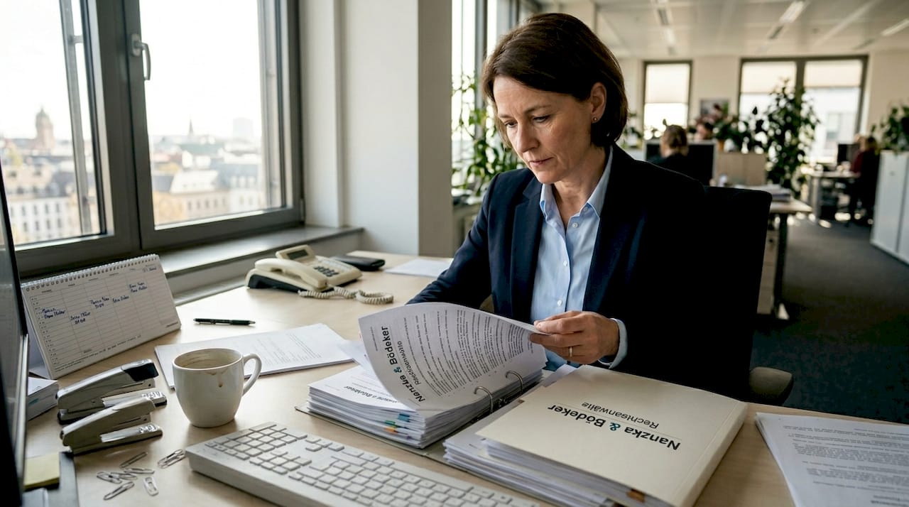 Eine HR-Managerin prüft Unterlagen zur Arbeitnehmerüberlassung.