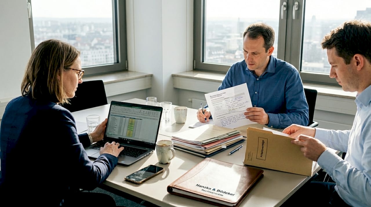 Geschäftsleiter, die ihre Planung auf Tabellenkalkulationen und Verträge stützen