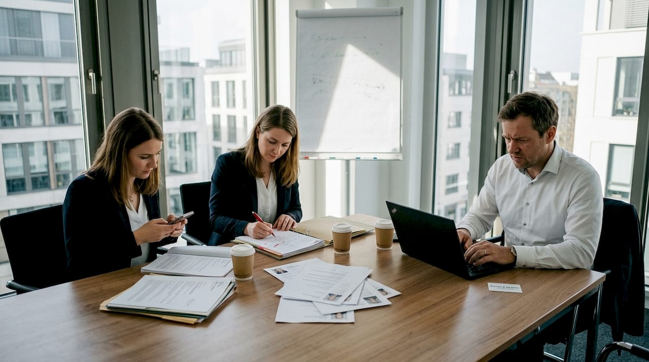 Das Team bespricht Unterlagen zur flexiblen Personaleinsatzplanung.