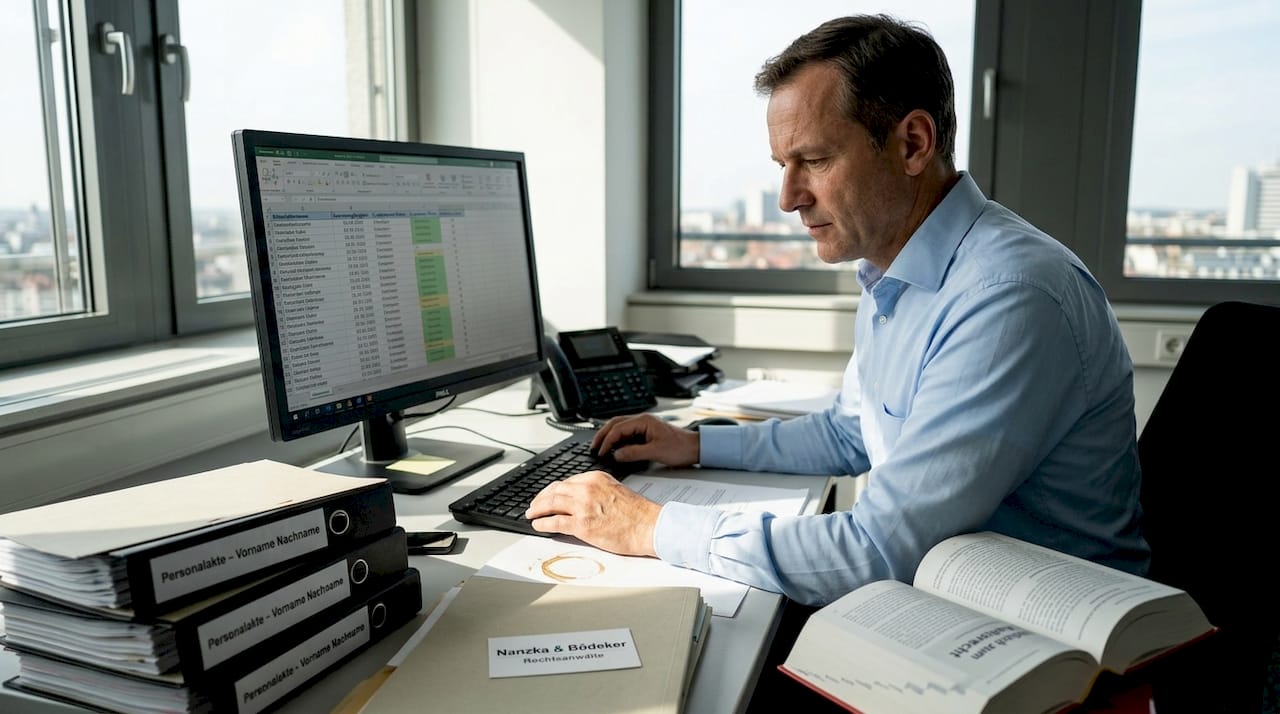 Ein HR-Manager prüft die Einhaltung gesetzlicher Vorgaben für Zeitarbeit.