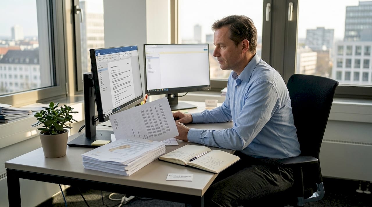 Im Chefbüro nimmt der Personalverantwortliche Zeitarbeitsverträge genau unter die Lupe.