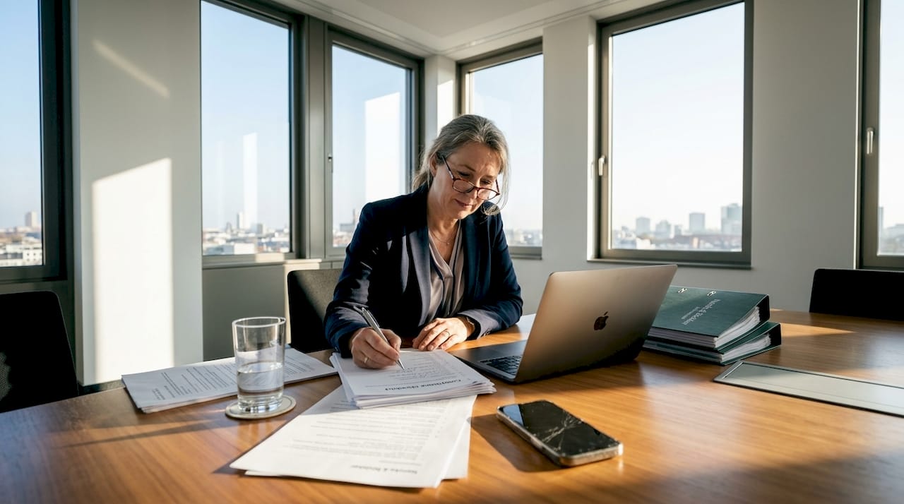 Eine HR-Managerin sitzt am Schreibtisch und prüft sorgfältig die Unterlagen zur Einhaltung gesetzlicher Vorgaben.