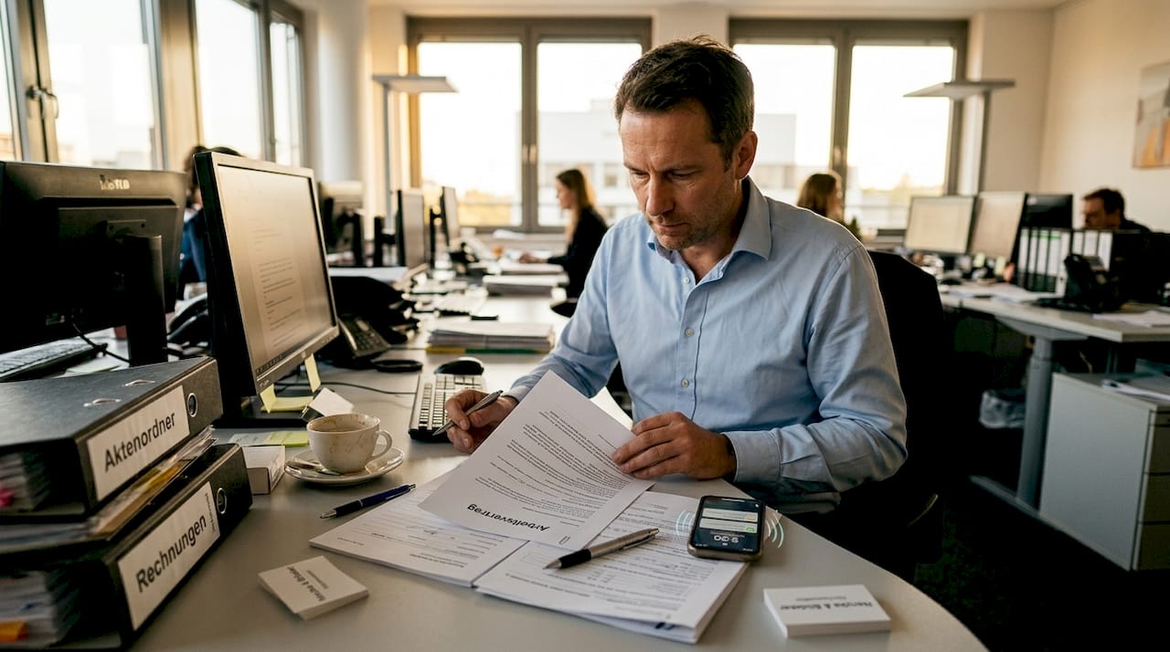 Ein Mitarbeiter sitzt am Schreibtisch und nimmt einen Vertrag genau unter die Lupe.