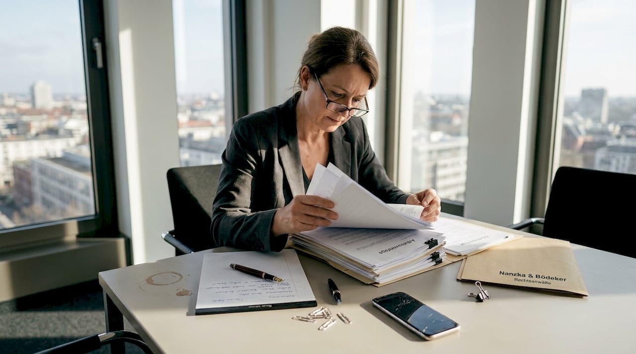 Eine Personalmanagerin prüft Arbeitsverträge an ihrem Schreibtisch im Büro.