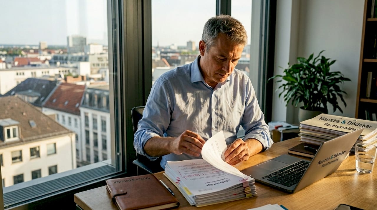 Ein Mann nimmt seinen neuen Arbeitsvertrag am Schreibtisch im Büro genau unter die Lupe.