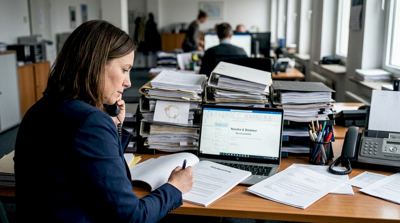 Eine Personalreferentin nimmt im Büro einen neuen Arbeitsvertrag genau unter die Lupe.