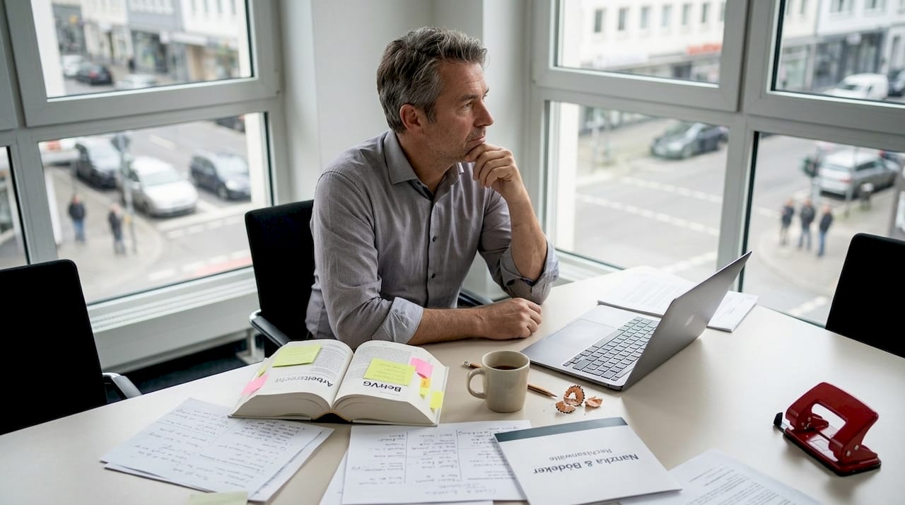 Der Personalchef sichtet Unterlagen am Besprechungstisch.