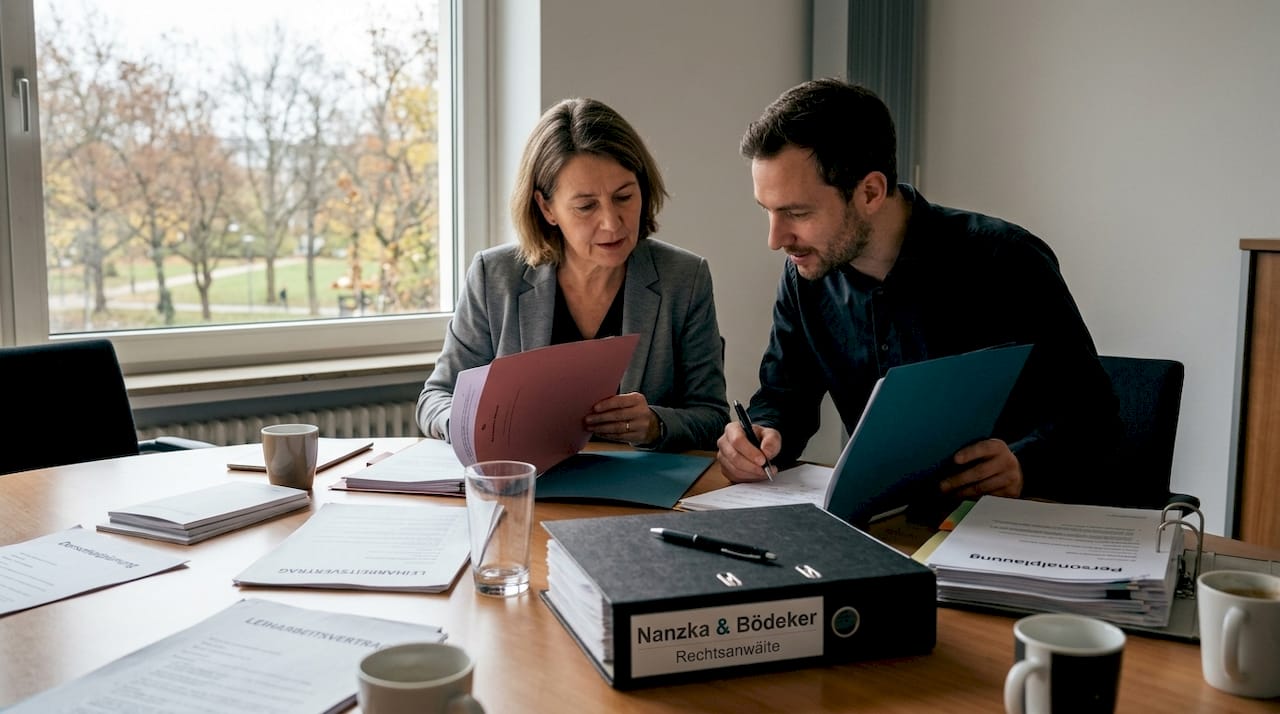 Ein Personalverantwortlicher und die Geschäftsführerin besprechen gemeinsam die Details eines Zeitarbeitsvertrags.