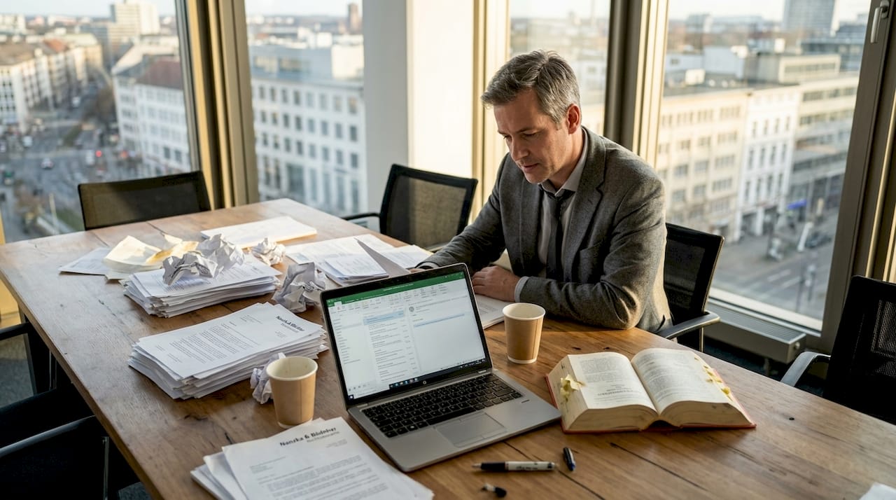 Ein HR-Manager sichtet am Schreibtisch Bewerbungsunterlagen und arbeitet dabei sowohl mit seinem Laptop als auch mit Papierdokumenten.