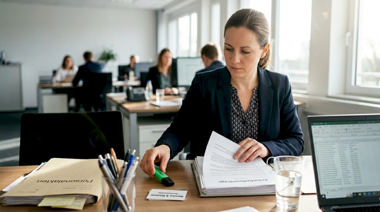 Eine HR-Fachkraft prüft aufmerksam einen Arbeitsvertrag am Schreibtisch im Büro.