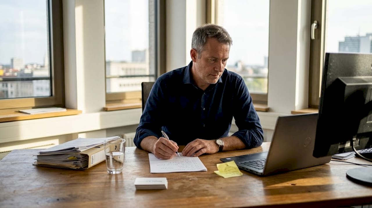 Der Geschäftsführer nimmt sich im Büro Zeit, um wichtige Unterlagen sorgfältig durchzugehen.
