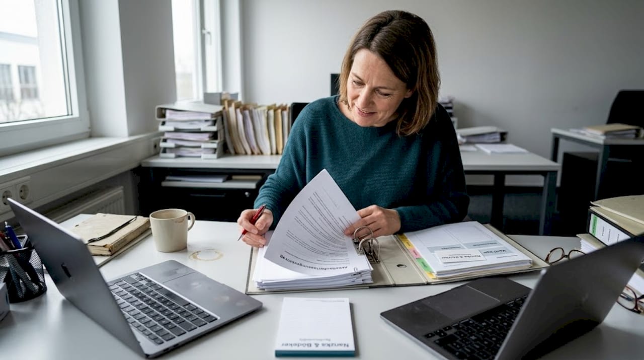Eine Mitarbeiterin nimmt im Büro einen Vertrag genau unter die Lupe.