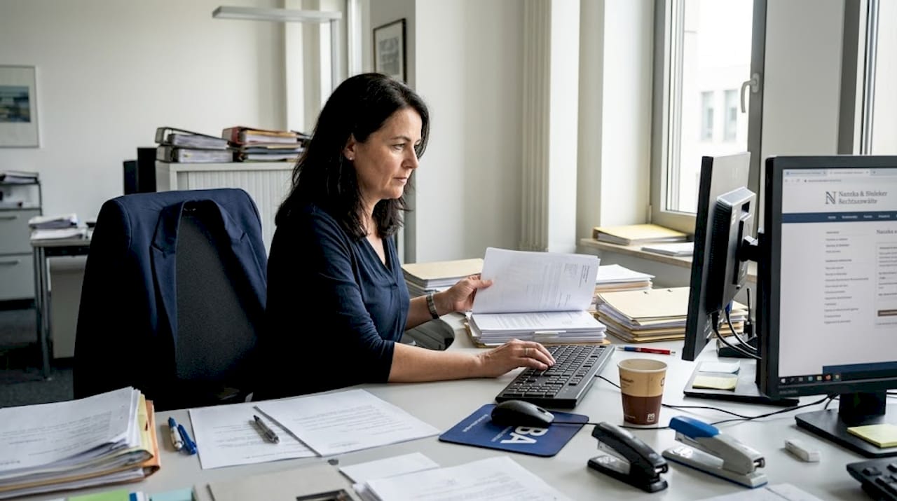 Ein Verwaltungsmitarbeiter prüft Unterlagen in seinem Büro.