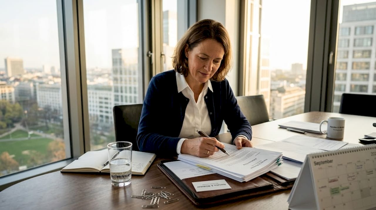 Eine HR-Managerin überprüft im Büro sorgfältig die Arbeitsverträge.