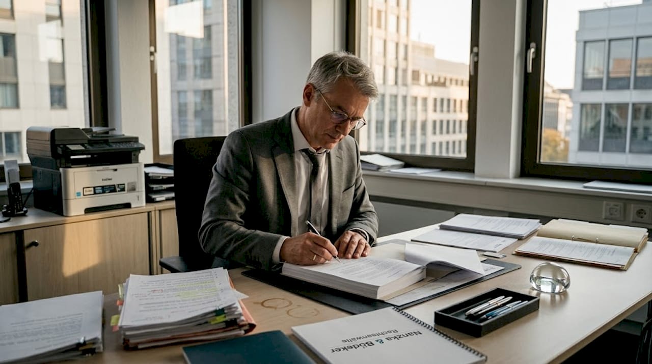 Ein Jurist unterzeichnet im Büro einen Arbeitsvertrag bei einer Zeitarbeitsfirma.