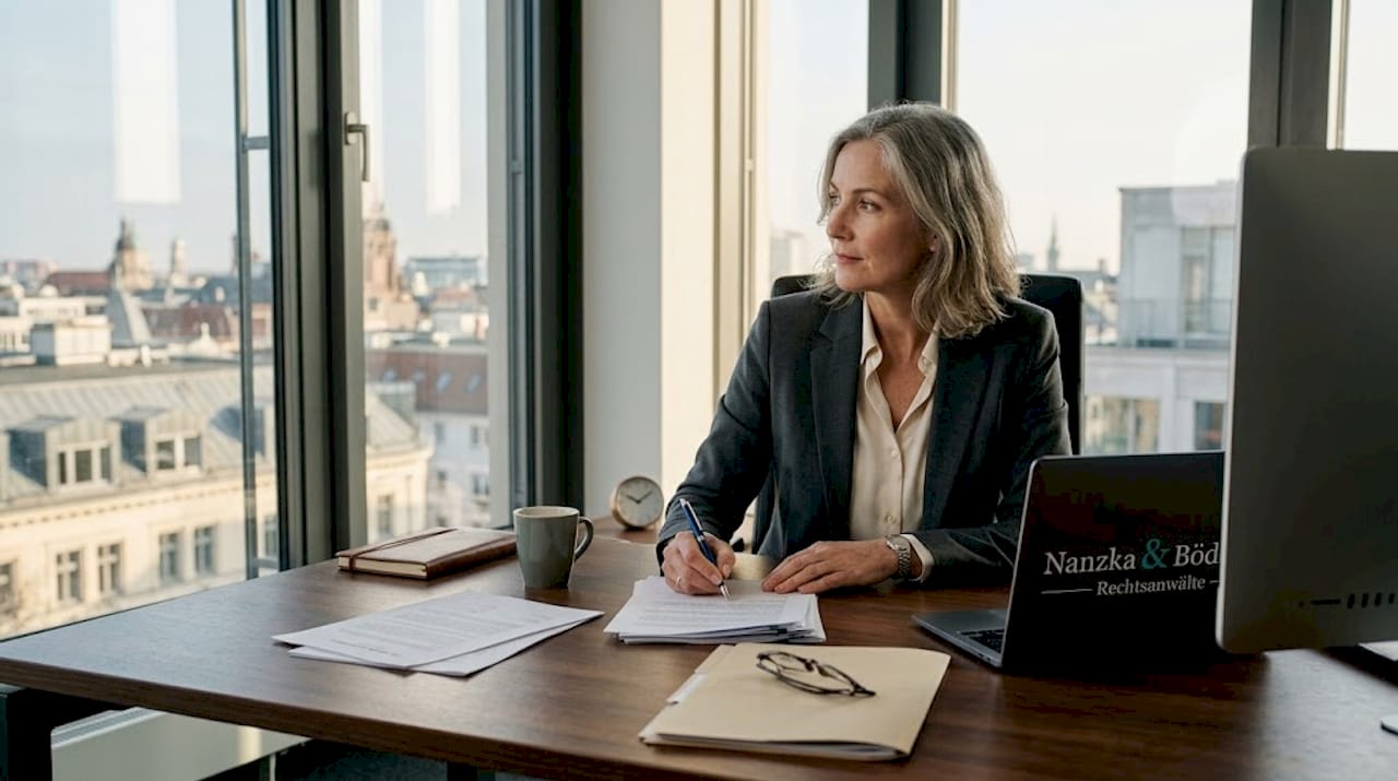 Eine Geschäftsfrau unterschreibt einen Vertrag in einem lichtdurchfluteten Büro.