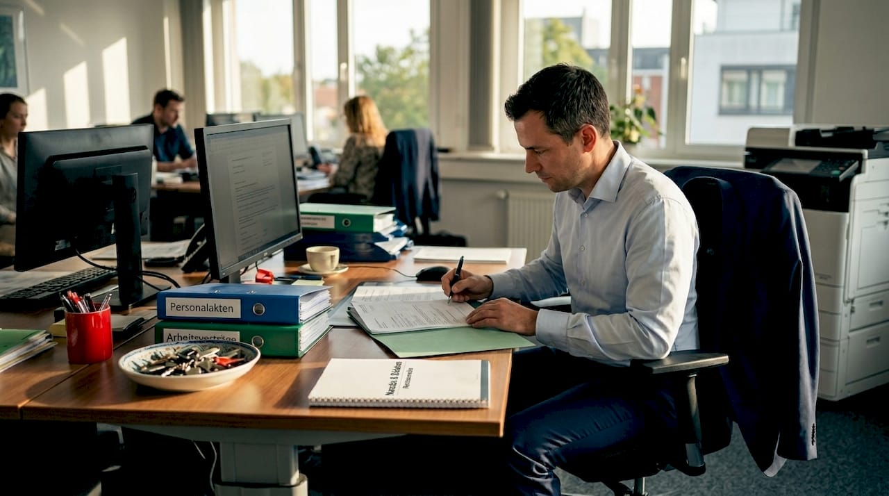 Ein Mann setzt am Schreibtisch im Büro seine Unterschrift unter ein Dokument.