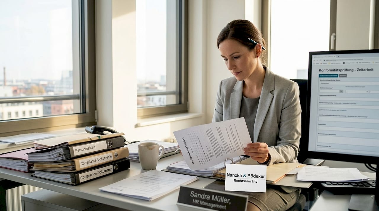 Die Personalreferentin prüft die Arbeitsverträge auf rechtliche Vorgaben.