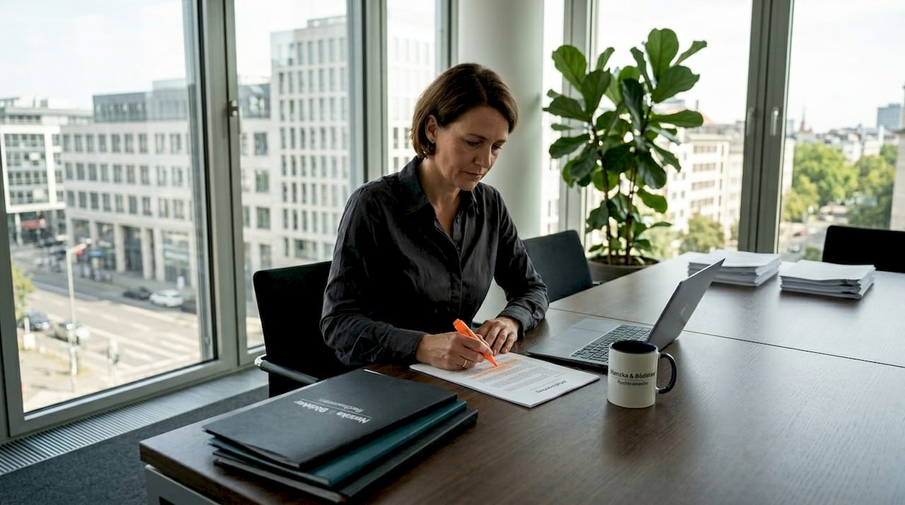 Im Büro nimmt eine Personalmanagerin die Arbeitsverträge genau unter die Lupe.