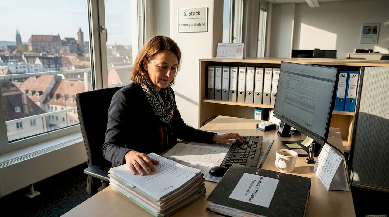 Eine Mitarbeiterin der Bundesagentur nimmt die Unterlagen genau unter die Lupe.