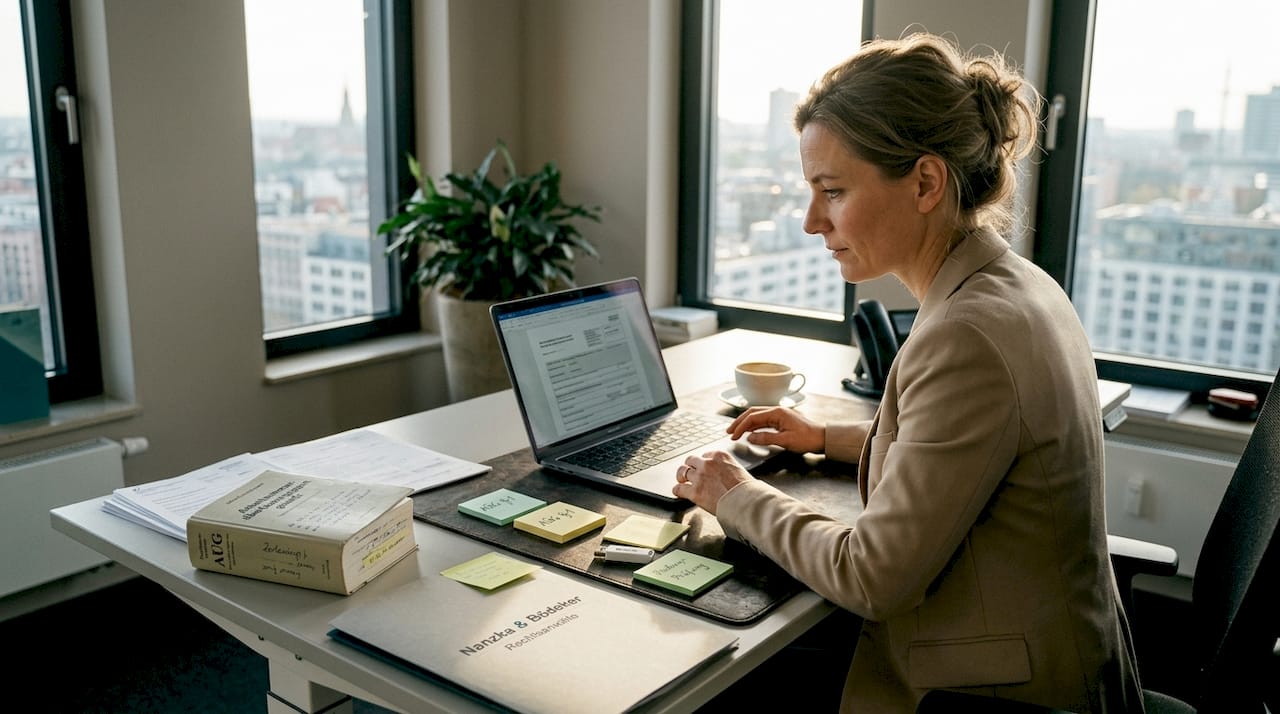 Eine Geschäftsfrau sitzt im Büro und arbeitet an den Unterlagen für die Unternehmensgründung.
