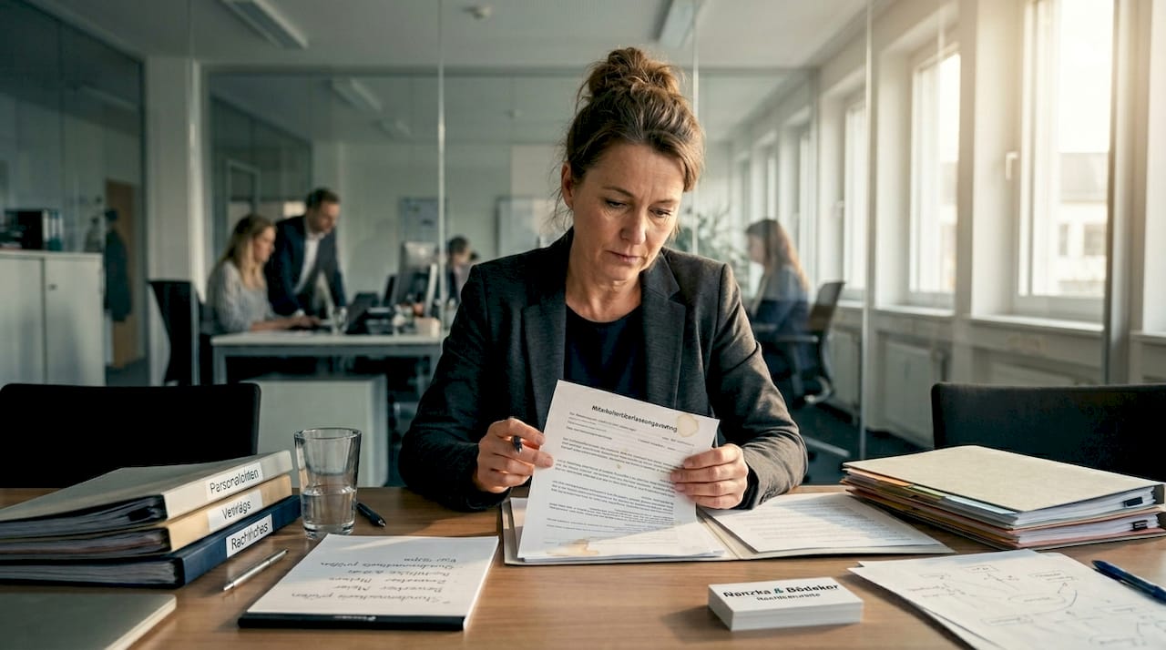 Personalleiter prüft einen Vertrag für die Zusammenarbeit mit einer Zeitarbeitsfirma.
