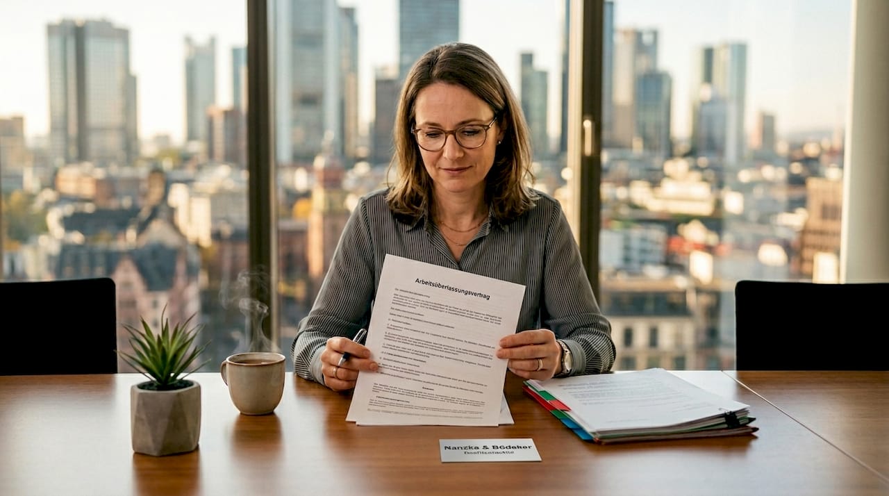 Die Personalchefin nimmt am Schreibtisch den Arbeitnehmerüberlassungsvertrag genau unter die Lupe.