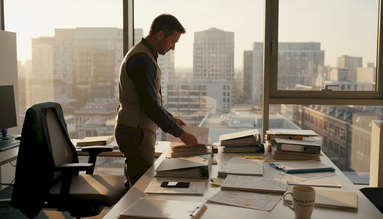 Der Leiter der Personalabteilung ordnet im Büro die Unterlagen zum Einsatz externer Mitarbeiter.
